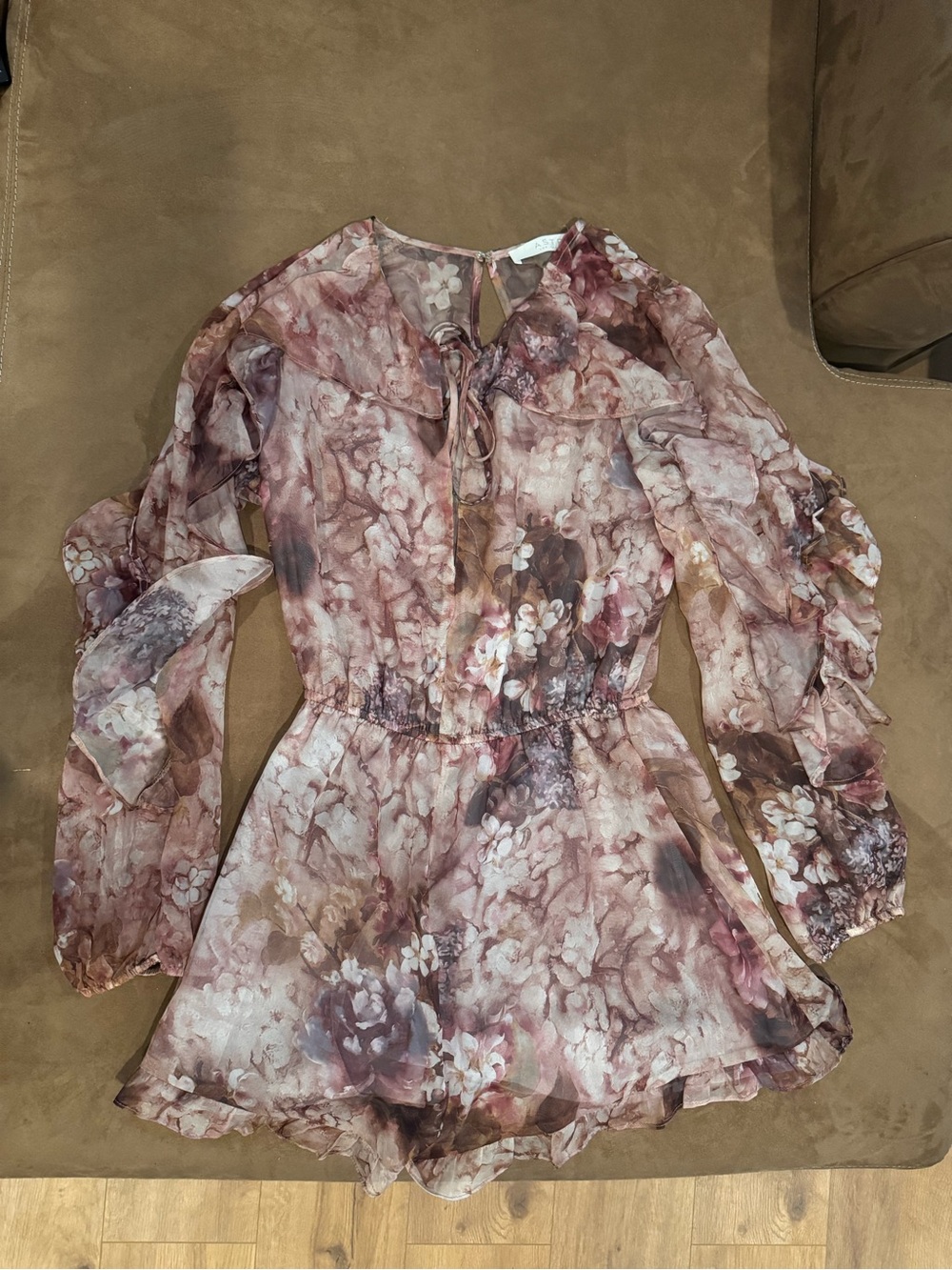 ASTR Floral Sheer Long Sleeve Romper in Dusty Rose Size Small